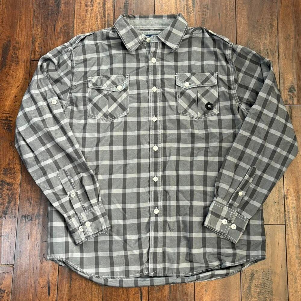 Akademiks Button Up Dress Shirt Plaid Y2K Skater Mens XL Embroidered Streetwear